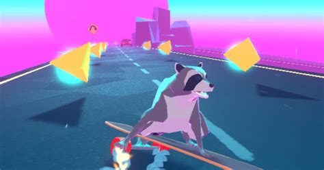 Raccoons riding longboards on this retro themed relaxing arcade game. . Tanuki sunset webgl
